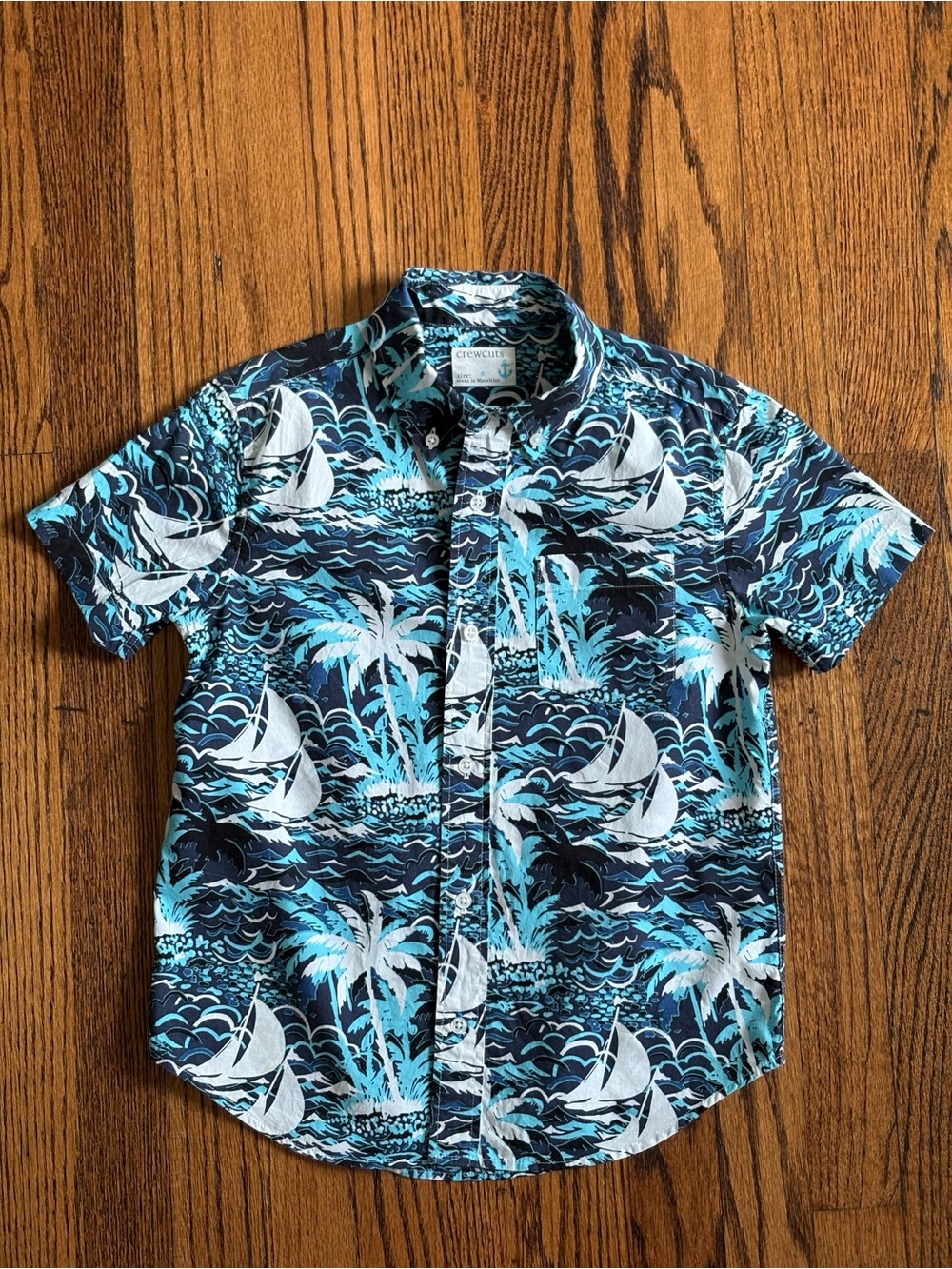 Crewcuts Navy, Turquoise and White Sailboat Print Short Sleeve Button-Down